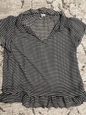 ELLE sheer Striped Black and White Ruffle Hem Women's Top- Large